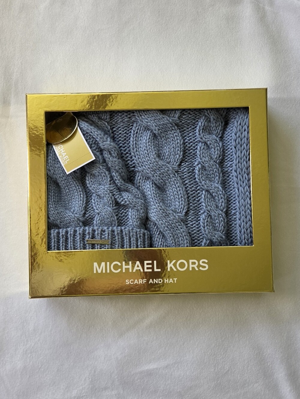 MICHAEL KORS Cable Knit Scarf and Hat Set - Light Blue